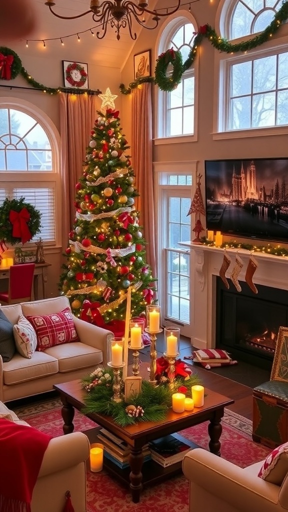A cozy Christmas living room with a decorated tree, festive table, and warm lighting.
